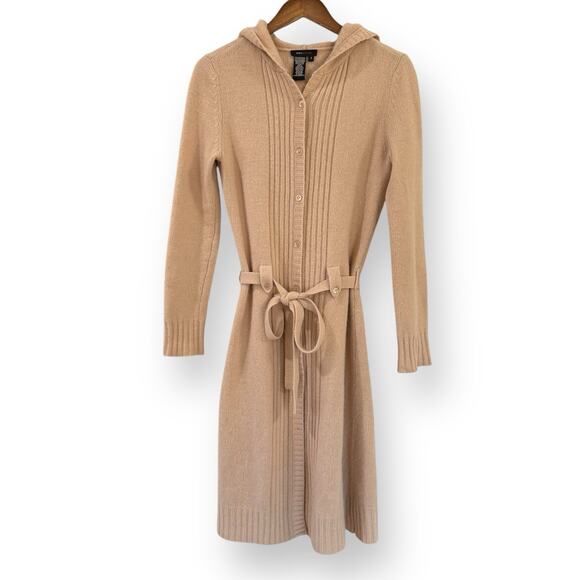 BCBG MAXAZRIA Tan Knit Button Up Belted Hooded Cardigan Sweater Size S Lambswool - Picture 1 of 10